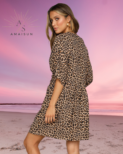 V-neck Single Breasted Half Sleeved Leopard Print Loose Asymmetric Dress
